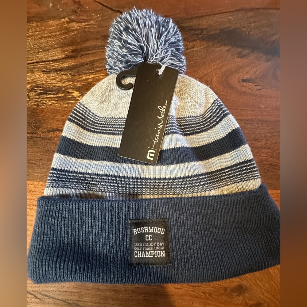 Travis Mathew Blue and Gray Beanie with Pom